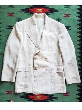 30s Style J. Peterman VTG Mens Belt Back Linen Double Breasted Blazer Peak Lapel